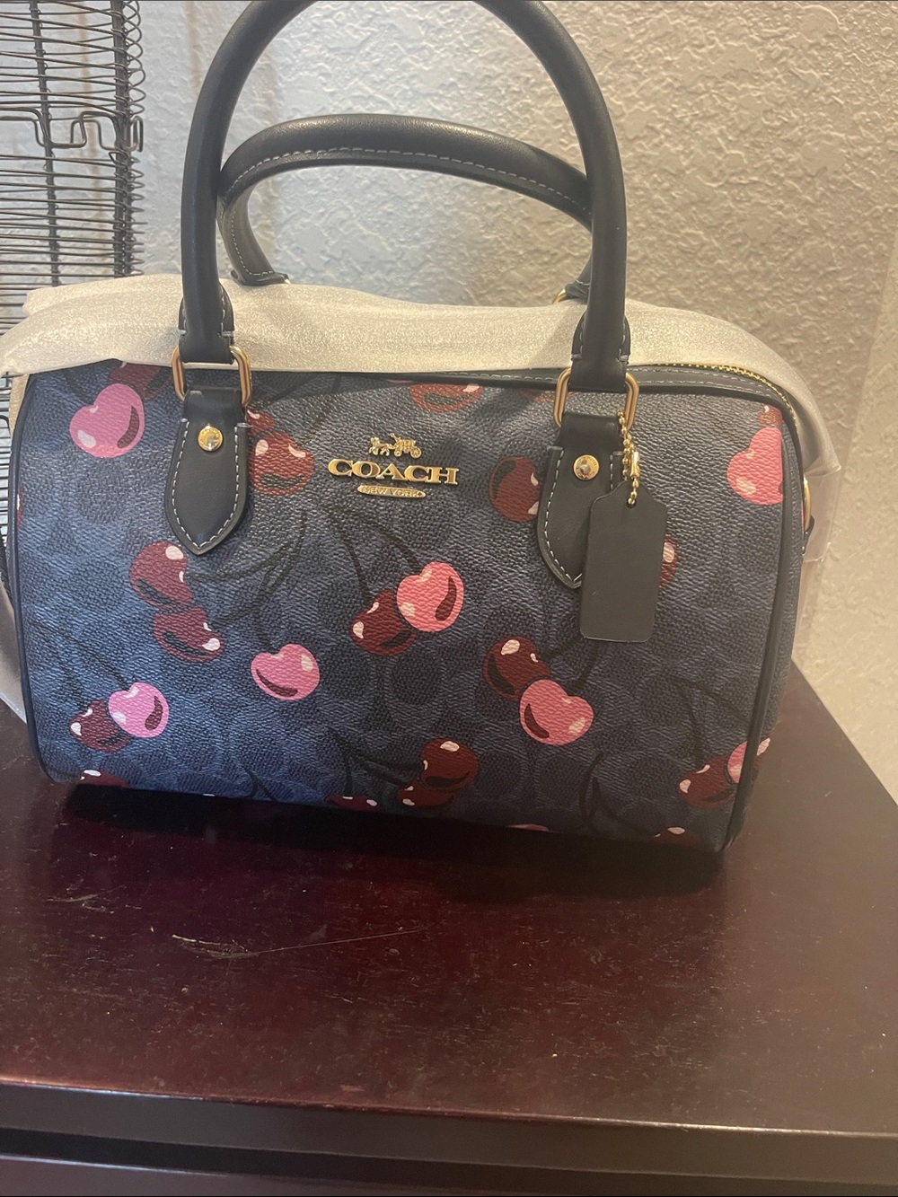 COACH Cherry Medium Rowan Print Dome Satchel in Navy and Pink